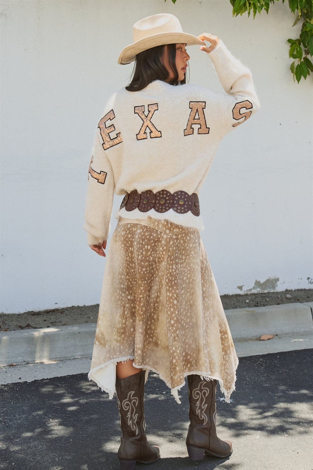 Texas Sequin Letter Fuzzy Knit Pullover Sweater in Ivory - Women's Sweaters | Urban Daizy