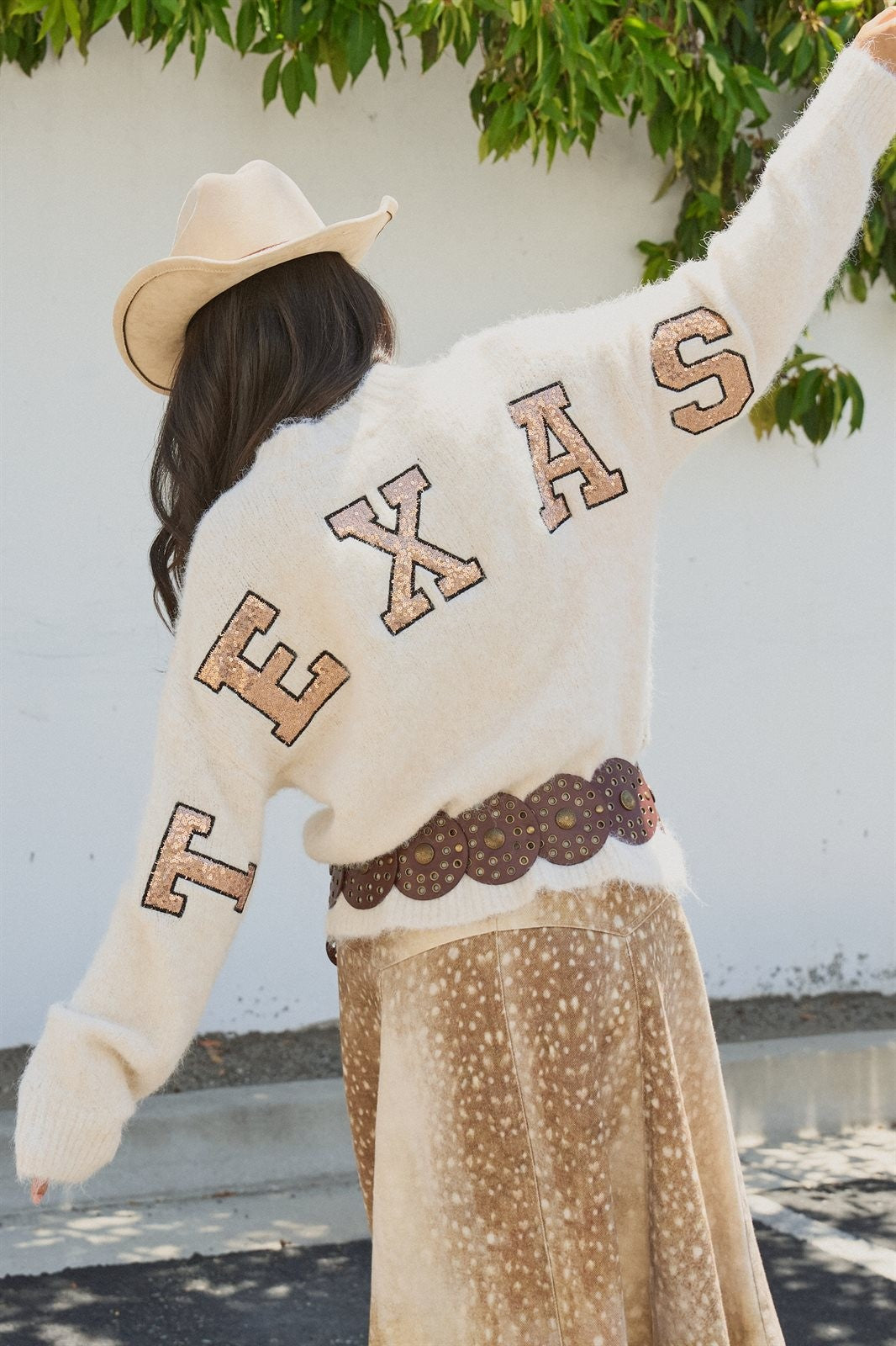Texas Sequin Letter Fuzzy Knit Pullover Sweater in Ivory - Women's Sweaters | Urban Daizy