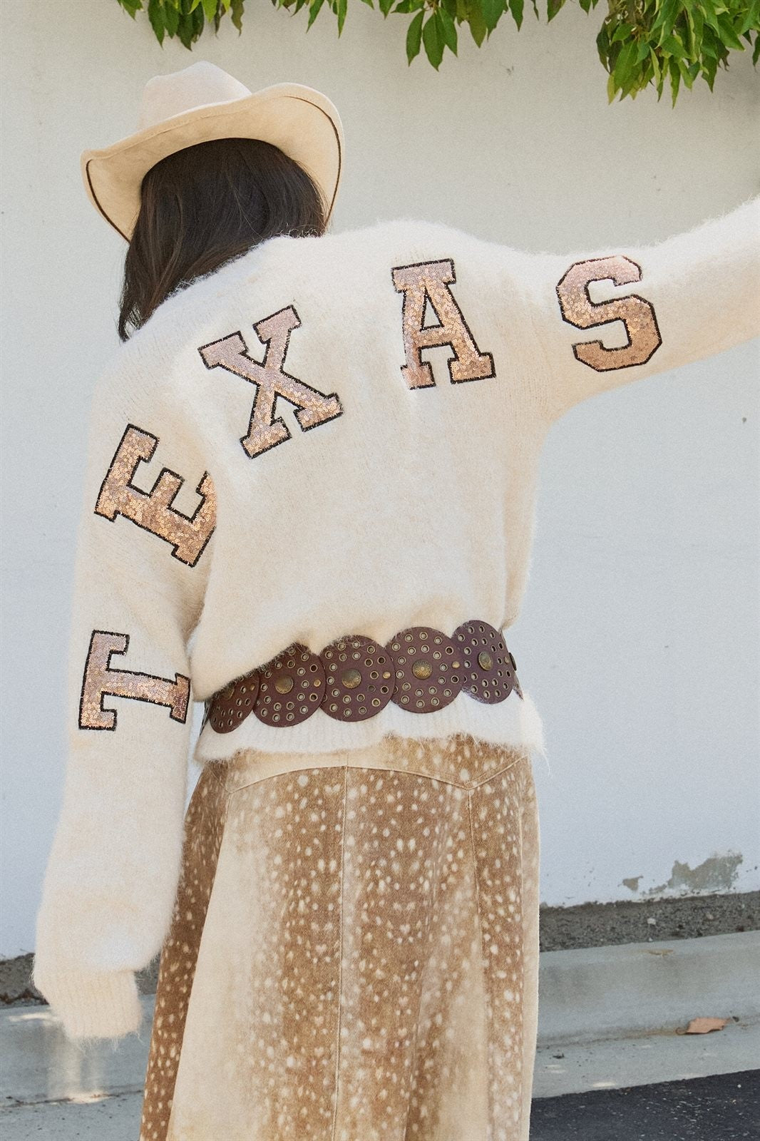 Texas Sequin Letter Fuzzy Knit Pullover Sweater in Ivory - Women's Sweaters | Urban Daizy