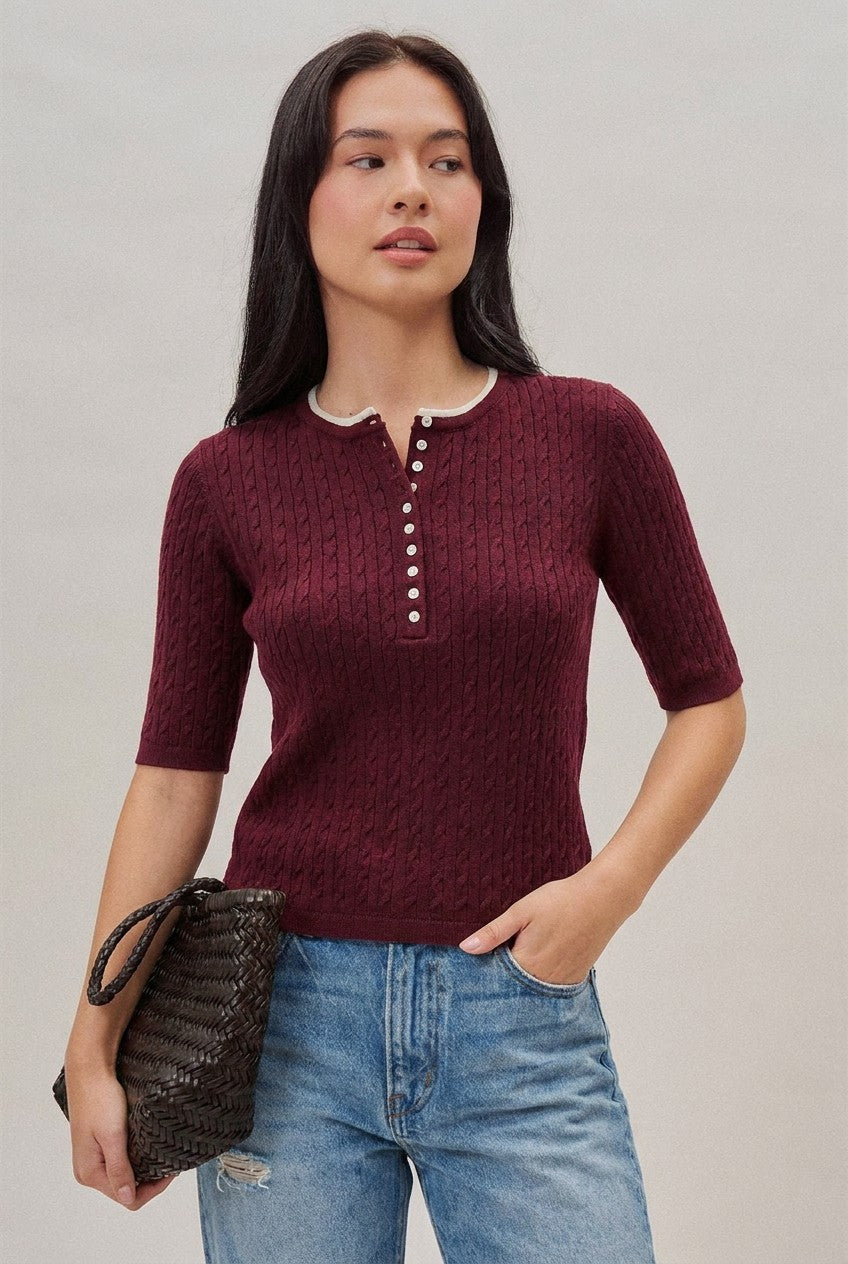 Cable Knit Henley Top With Contrast Trim in Burgundy - Women's Sweaters | Urban Daizy