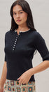 Cable Knit Henley Top With Contrast Trim in Navy - Women's Sweaters | Urban Daizy