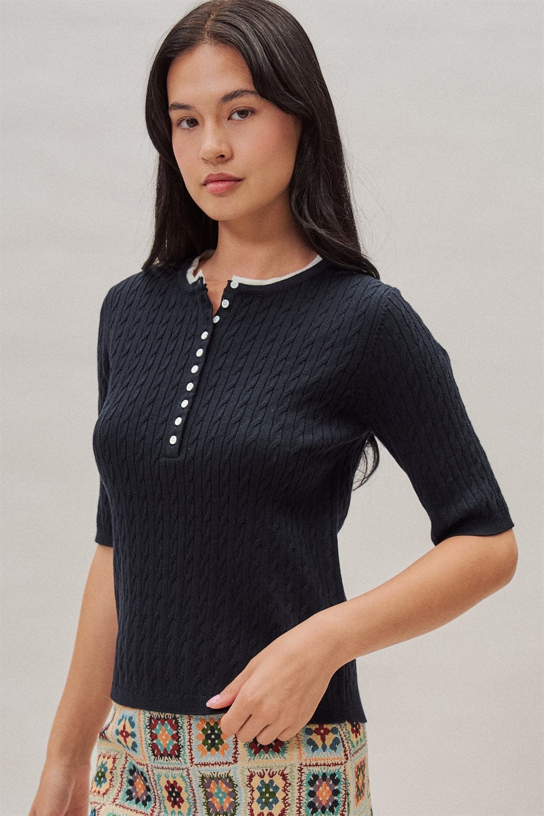 Cable Knit Henley Top With Contrast Trim in Navy - Women's Sweaters | Urban Daizy