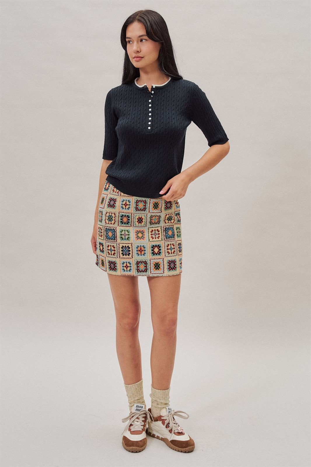 Cable Knit Henley Top With Contrast Trim in Navy - Women's Sweaters | Urban Daizy
