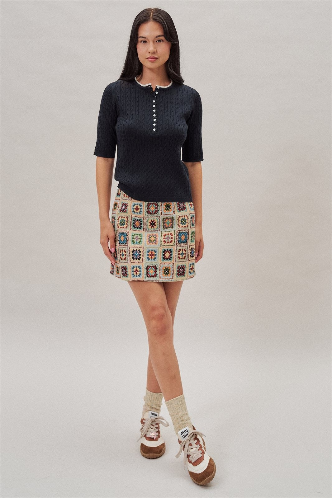 Cable Knit Henley Top With Contrast Trim in Navy - Women's Sweaters | Urban Daizy