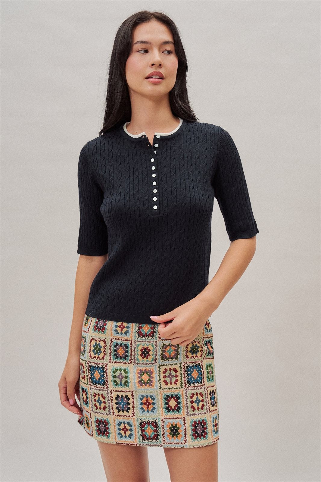 Cable Knit Henley Top With Contrast Trim in Navy - Women's Sweaters | Urban Daizy