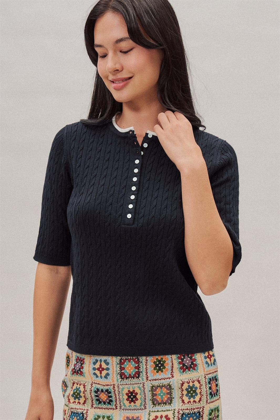 Cable Knit Henley Top With Contrast Trim in Navy - Women's Sweaters | Urban Daizy