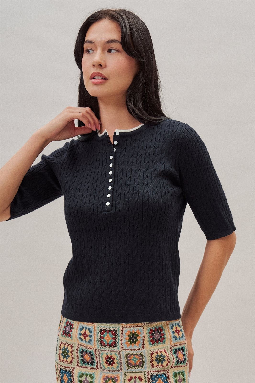 Cable Knit Henley Top With Contrast Trim in Navy - Women's Sweaters | Urban Daizy