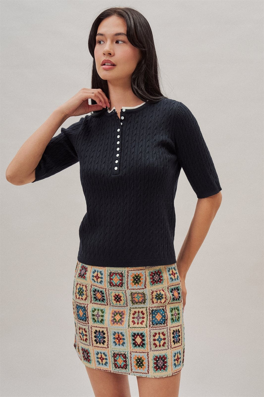 Cable Knit Henley Top With Contrast Trim in Navy - Women's Sweaters | Urban Daizy