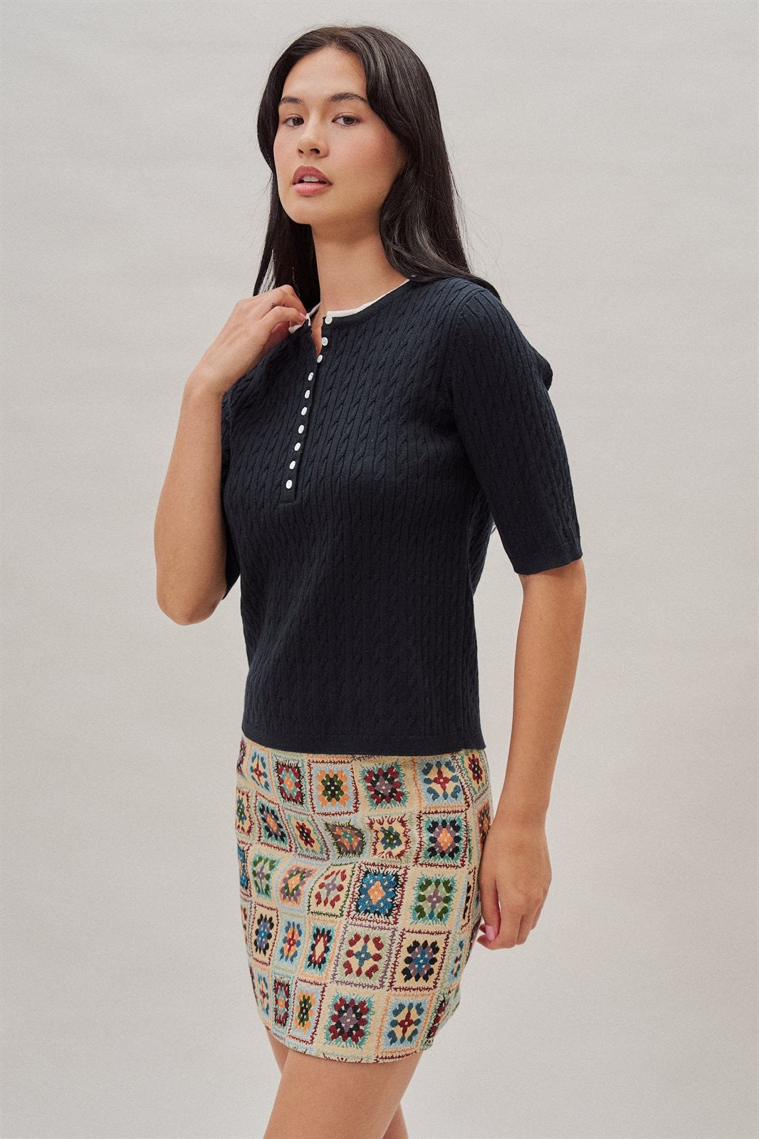 Cable Knit Henley Top With Contrast Trim in Navy - Women's Sweaters | Urban Daizy