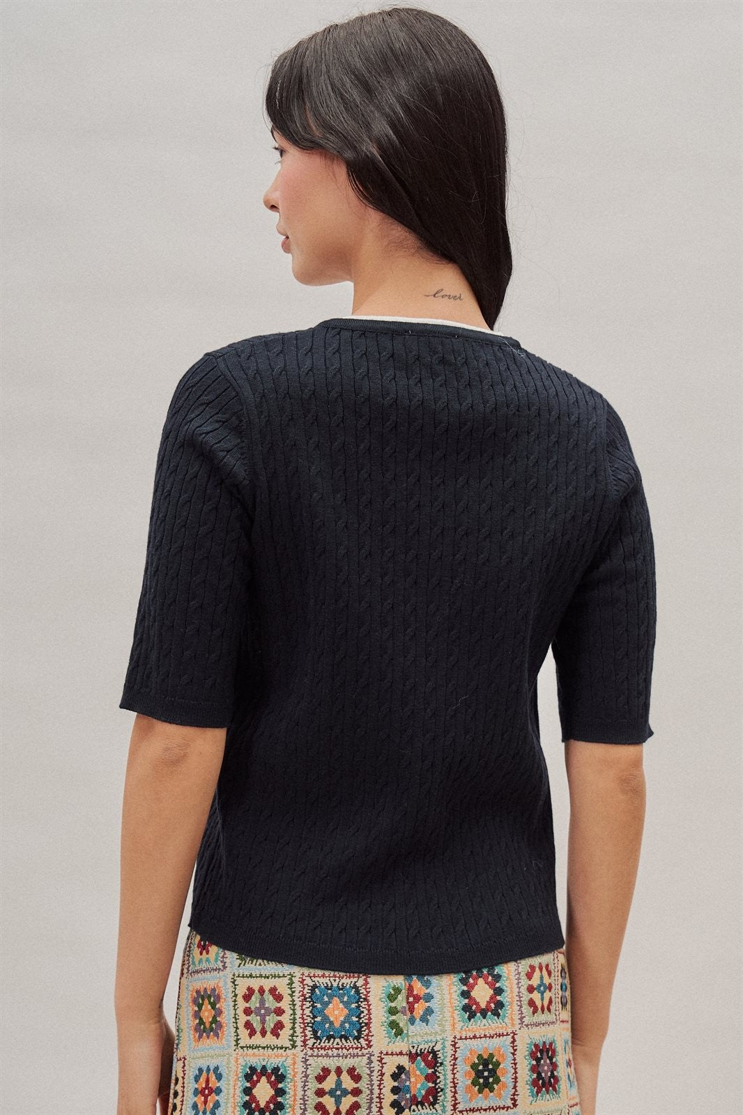 Cable Knit Henley Top With Contrast Trim in Navy - Women's Sweaters | Urban Daizy