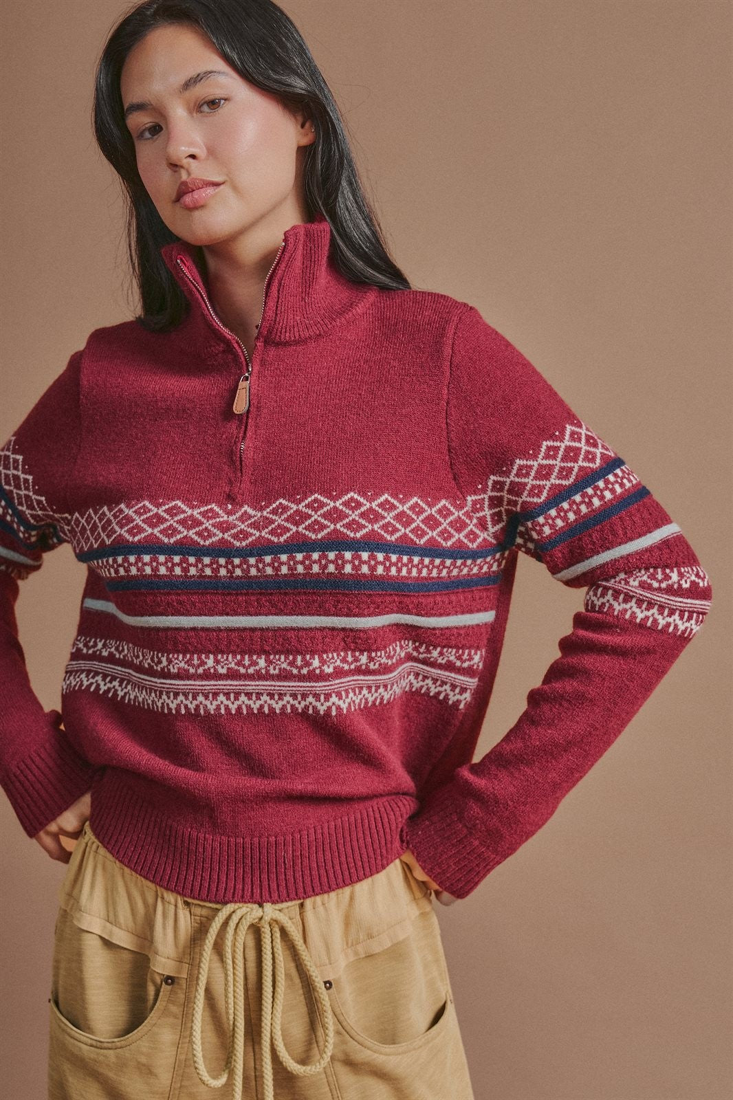 Fair Isle Quarter Zip Knit Sweater in Burgundy - Women's Cardigans & Shrugs | Urban Daizy