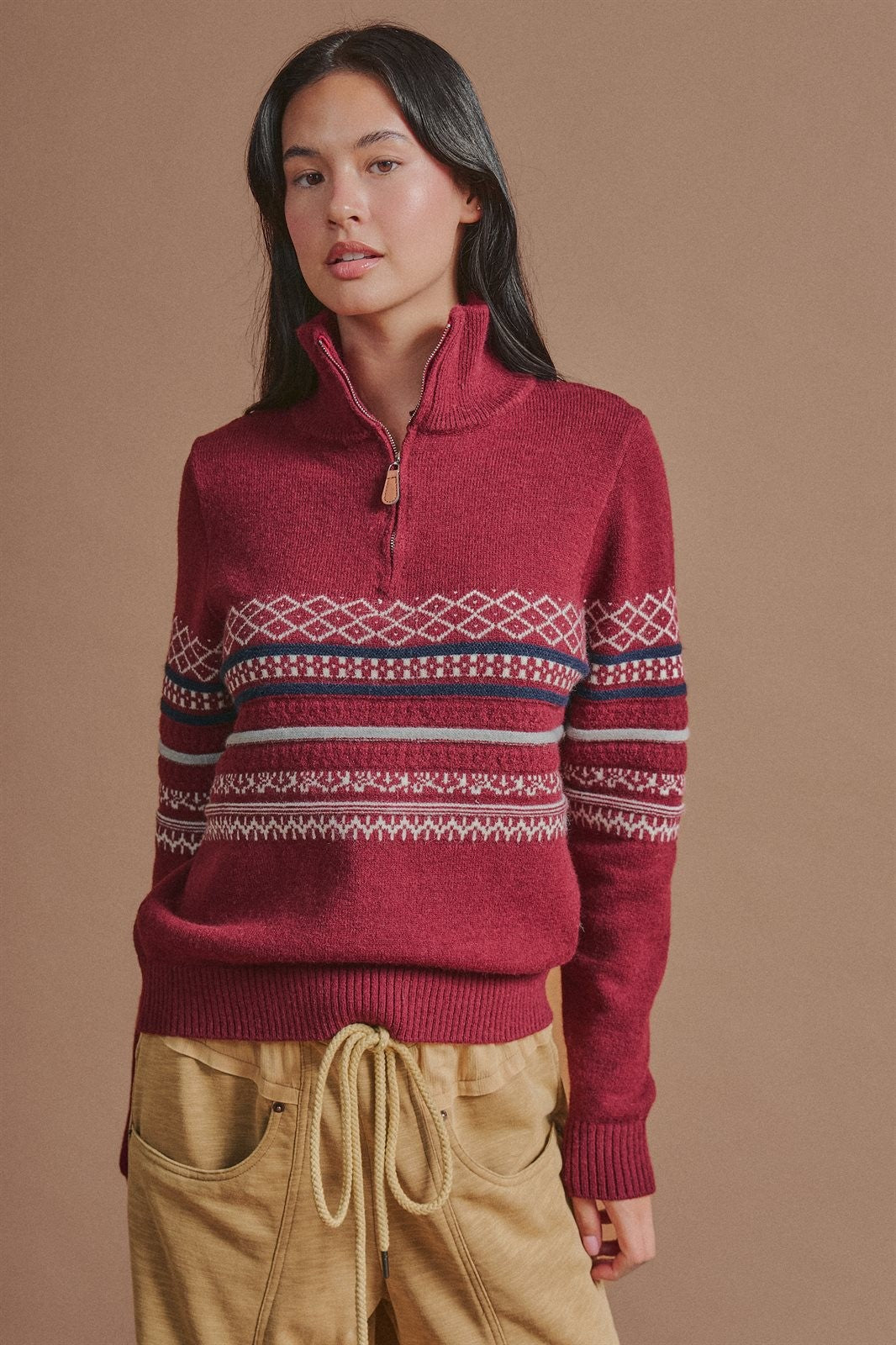 Fair Isle Quarter Zip Knit Sweater in Burgundy - Women's Cardigans & Shrugs | Urban Daizy