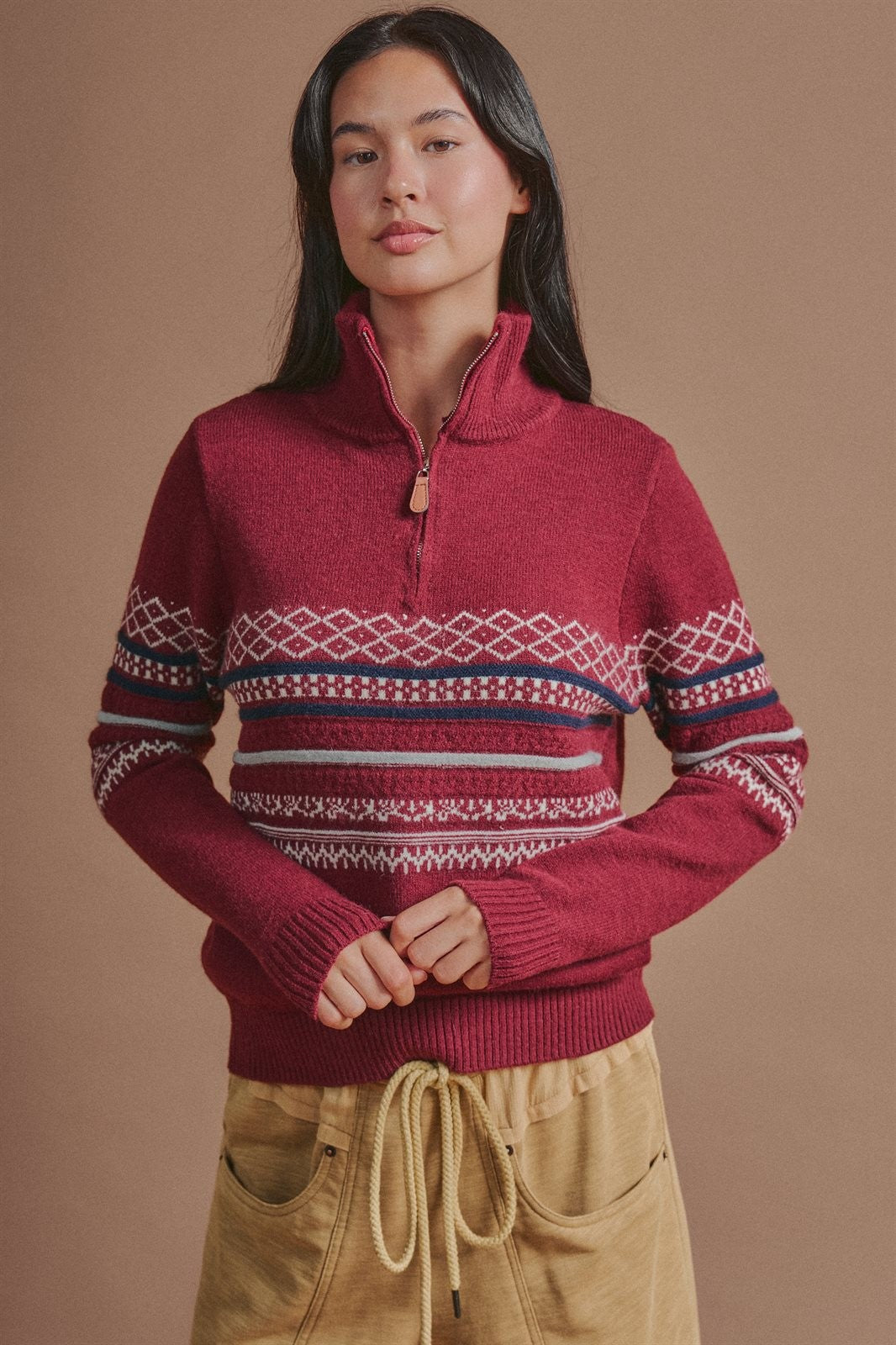 Fair Isle Quarter Zip Knit Sweater in Burgundy - Women's Cardigans & Shrugs | Urban Daizy