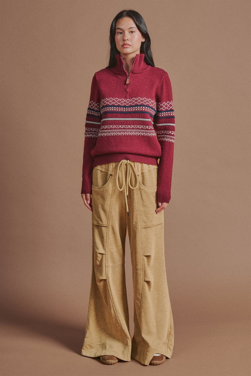 Fair Isle Quarter Zip Knit Sweater in Burgundy - Women's Cardigans & Shrugs | Urban Daizy