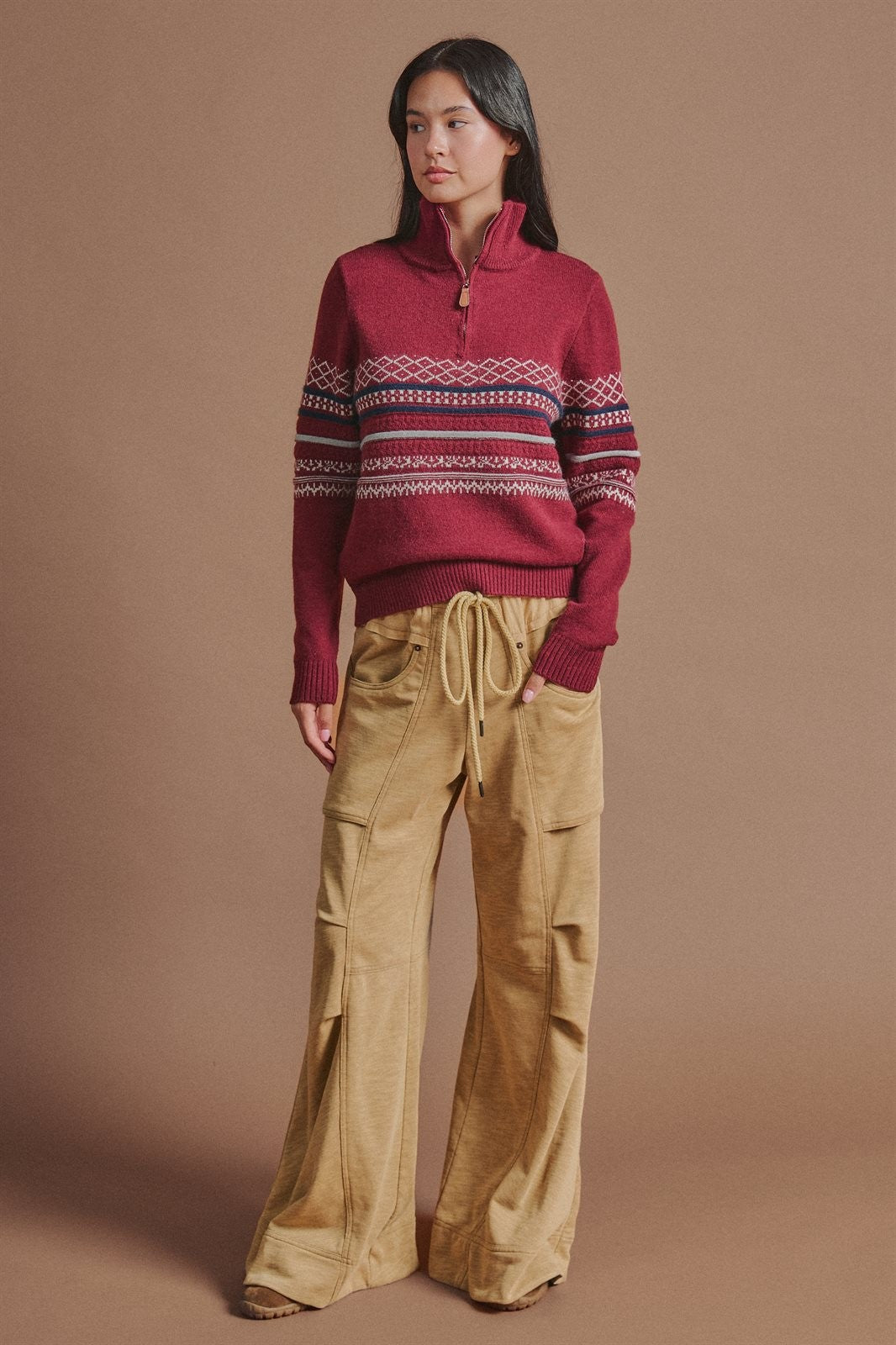 Fair Isle Quarter Zip Knit Sweater in Burgundy - Women's Cardigans & Shrugs | Urban Daizy
