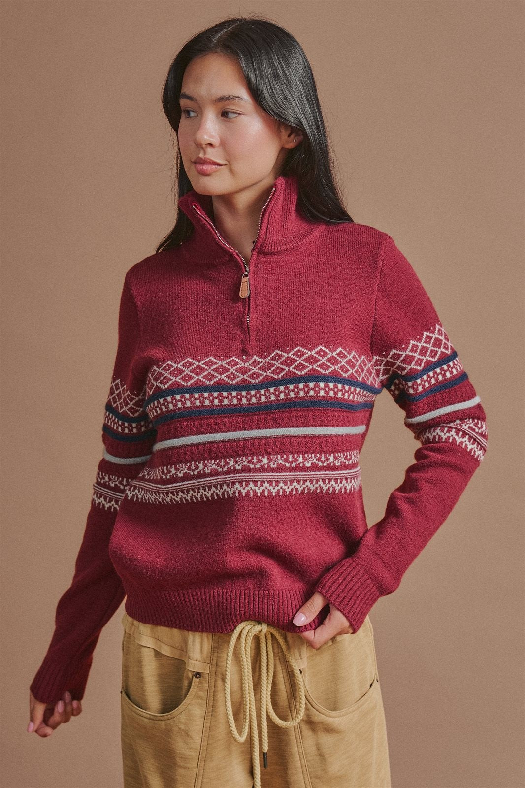 Fair Isle Quarter Zip Knit Sweater in Burgundy - Women's Cardigans & Shrugs | Urban Daizy