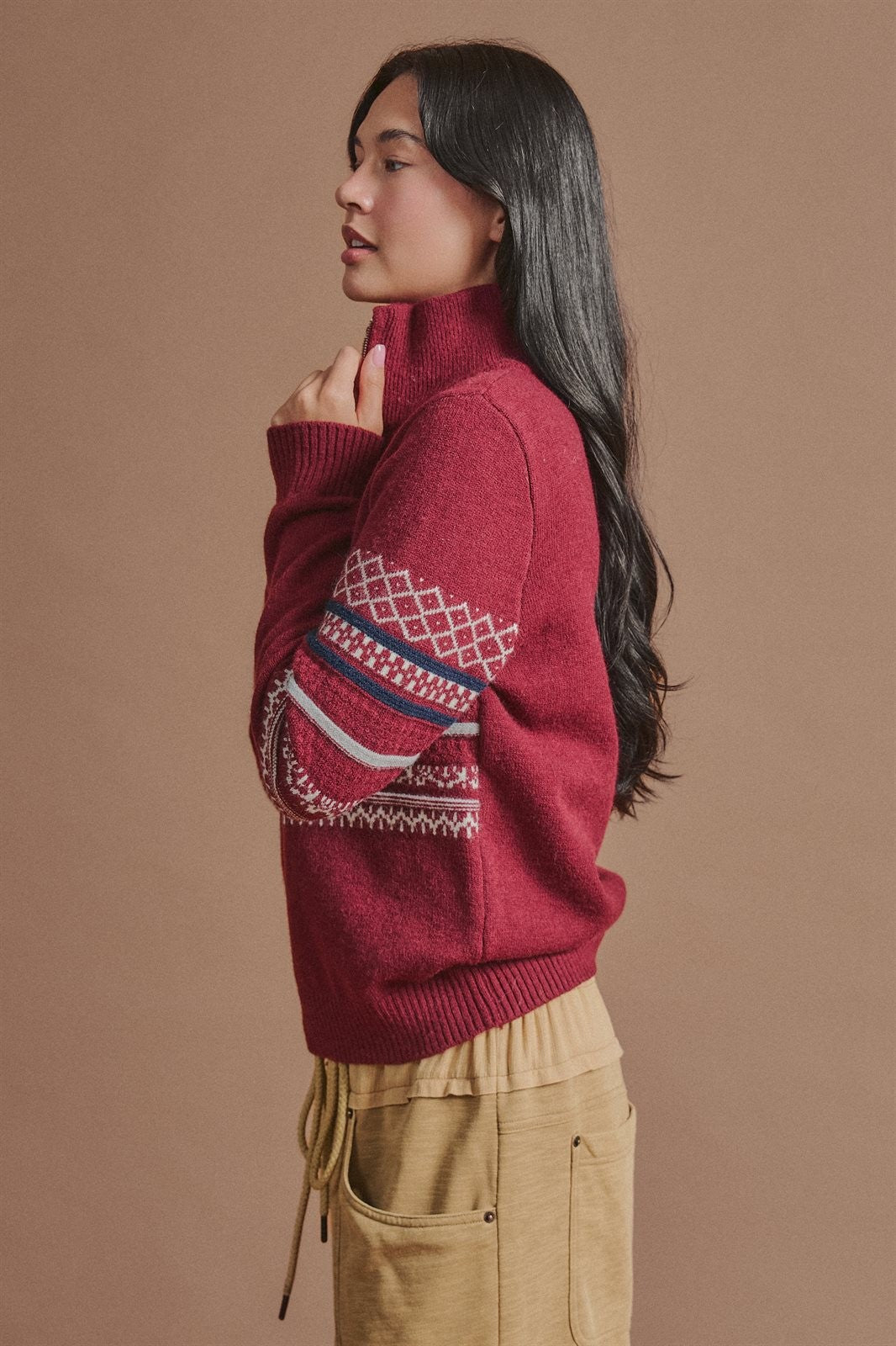 Fair Isle Quarter Zip Knit Sweater in Burgundy - Women's Cardigans & Shrugs | Urban Daizy