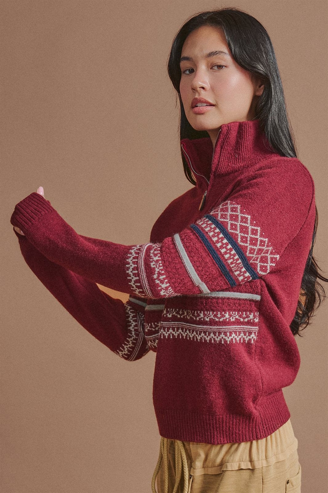 Fair Isle Quarter Zip Knit Sweater in Burgundy - Women's Cardigans & Shrugs | Urban Daizy