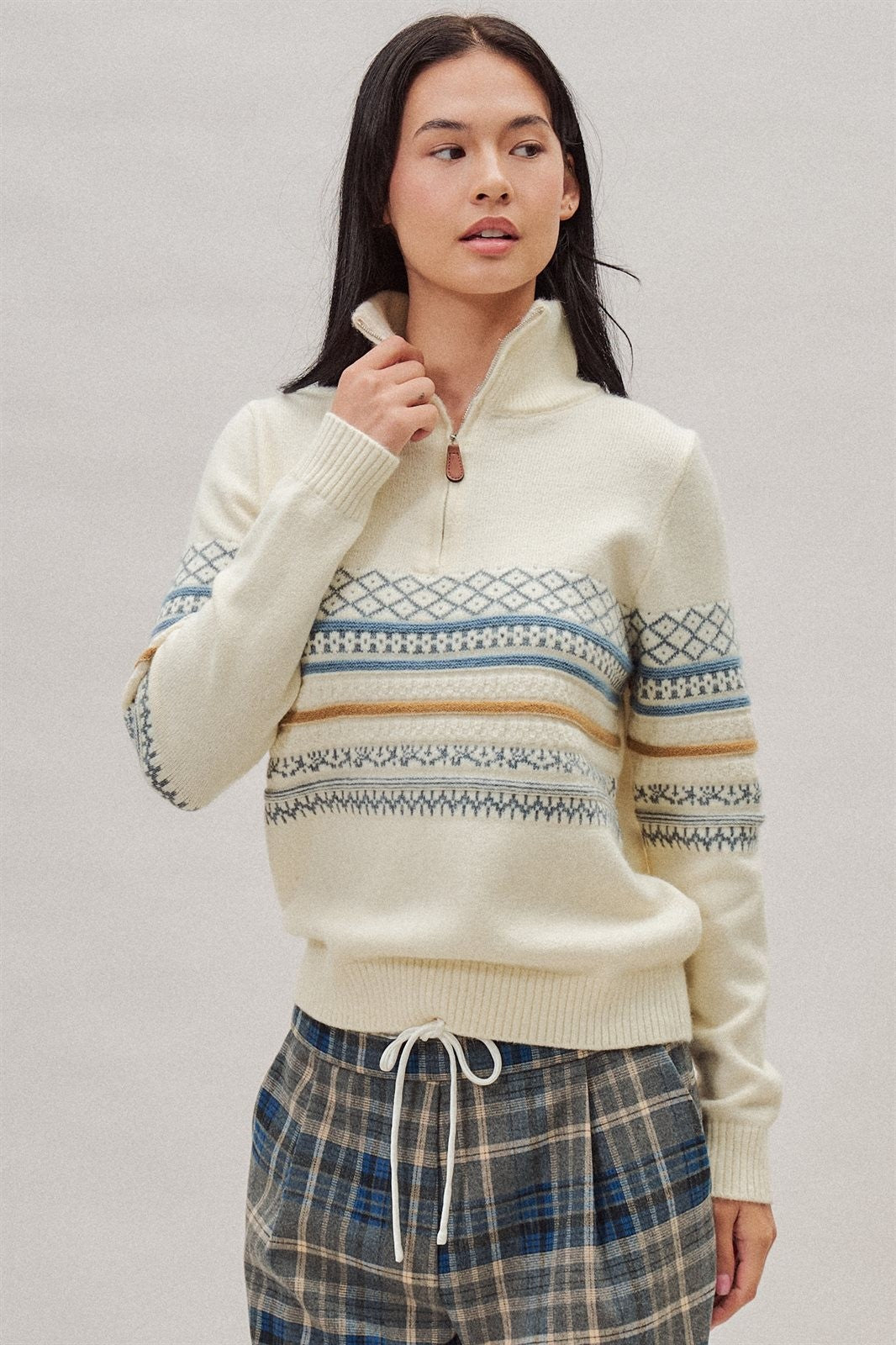 Fair Isle Quarter Zip Knit Sweater in Ivory - Women's Cardigans & Shrugs | Urban Daizy