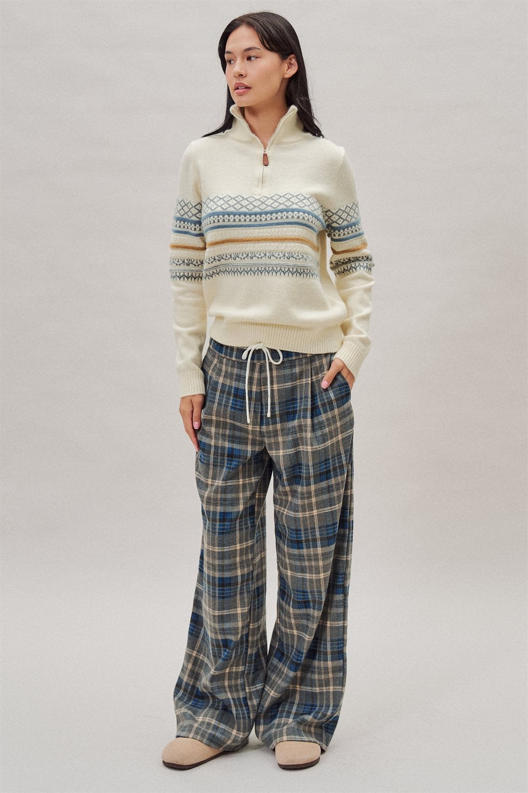 Fair Isle Quarter Zip Knit Sweater in Ivory - Women's Cardigans & Shrugs | Urban Daizy