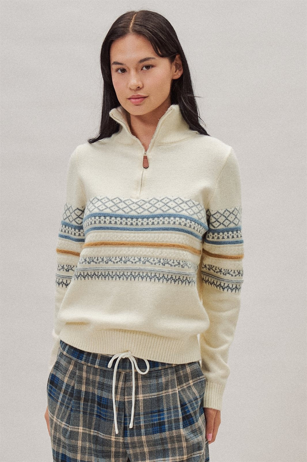 Fair Isle Quarter Zip Knit Sweater in Ivory - Women's Cardigans & Shrugs | Urban Daizy