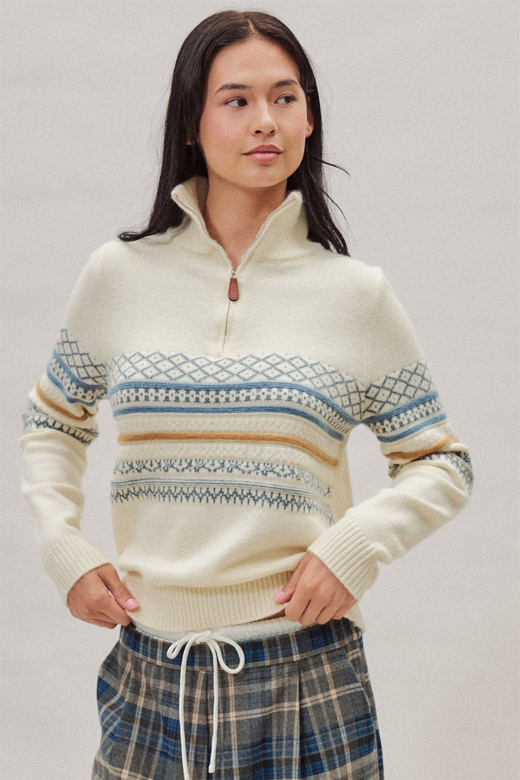 Fair Isle Quarter Zip Knit Sweater in Ivory - Women's Cardigans & Shrugs | Urban Daizy