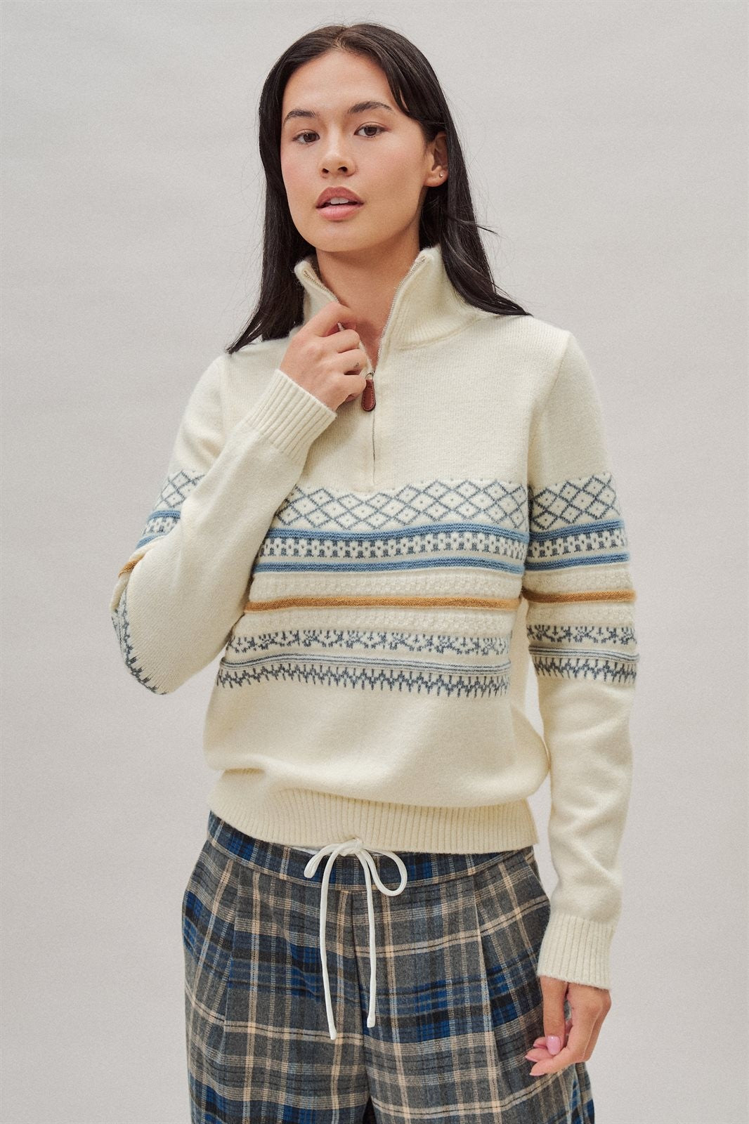 Fair Isle Quarter Zip Knit Sweater in Ivory - Women's Cardigans & Shrugs | Urban Daizy