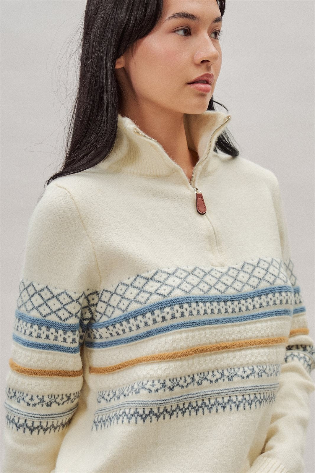 Fair Isle Quarter Zip Knit Sweater in Ivory - Women's Cardigans & Shrugs | Urban Daizy