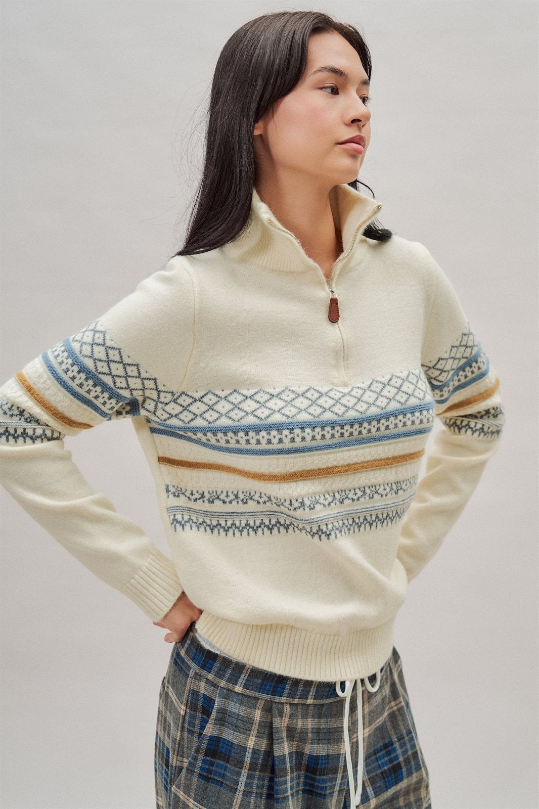 Fair Isle Quarter Zip Knit Sweater in Ivory - Women's Cardigans & Shrugs | Urban Daizy