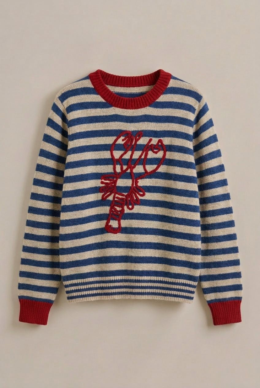 Lobster Embroidered Breton Stripe Sweater in Ivory/navy - Women's Sweaters | Urban Daizy