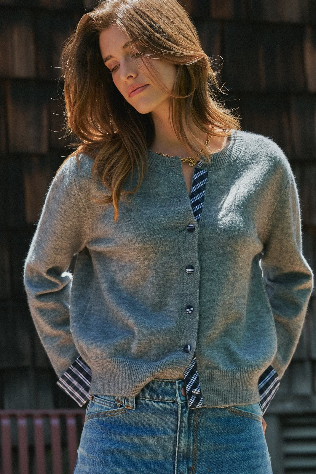 Plaid Trim Layered Button Cardigan Sweater in Grey - Women's Cardigans & Shrugs | Urban Daizy