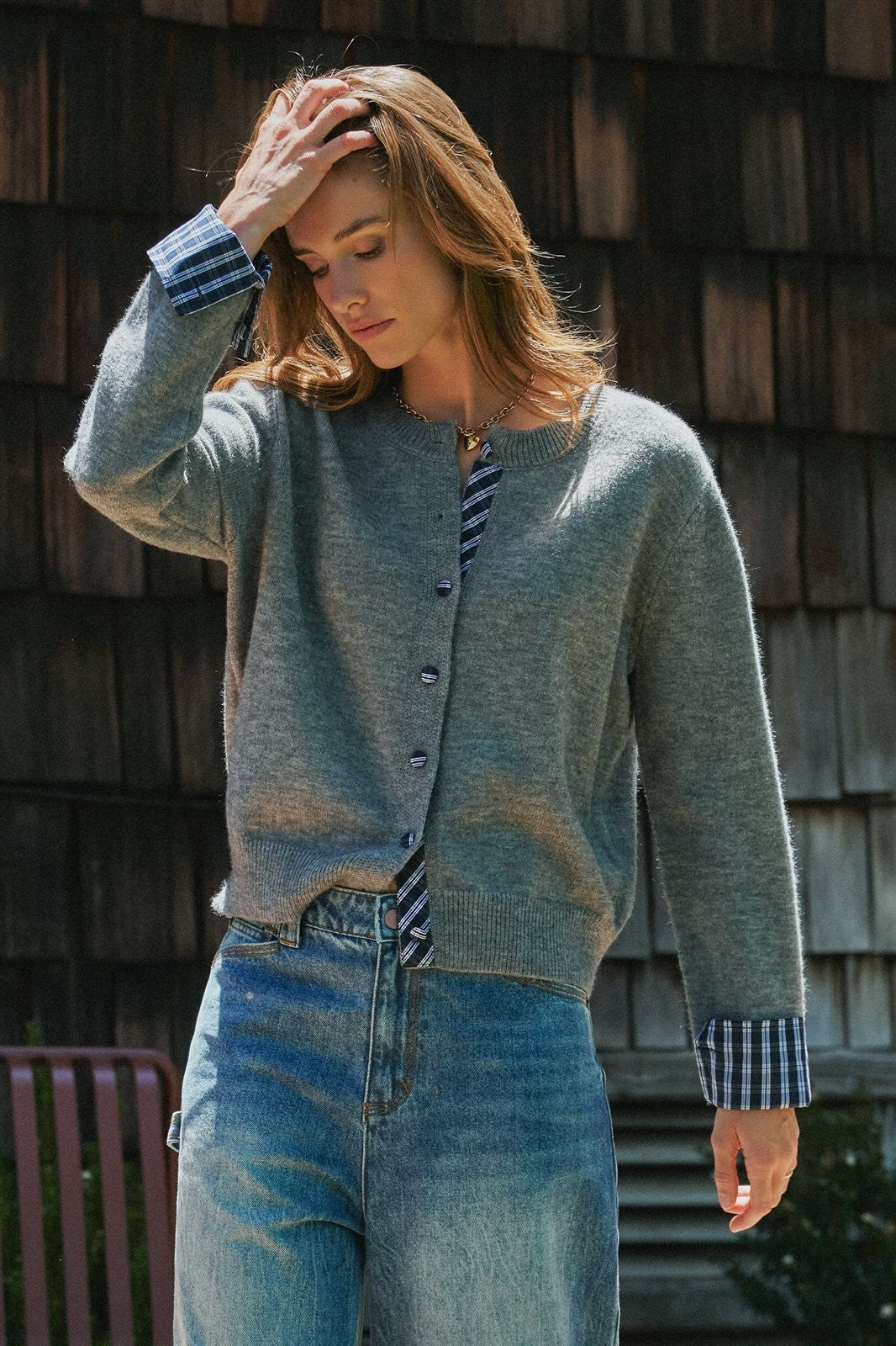 Plaid Trim Layered Button Cardigan Sweater in Grey - Women's Cardigans & Shrugs | Urban Daizy