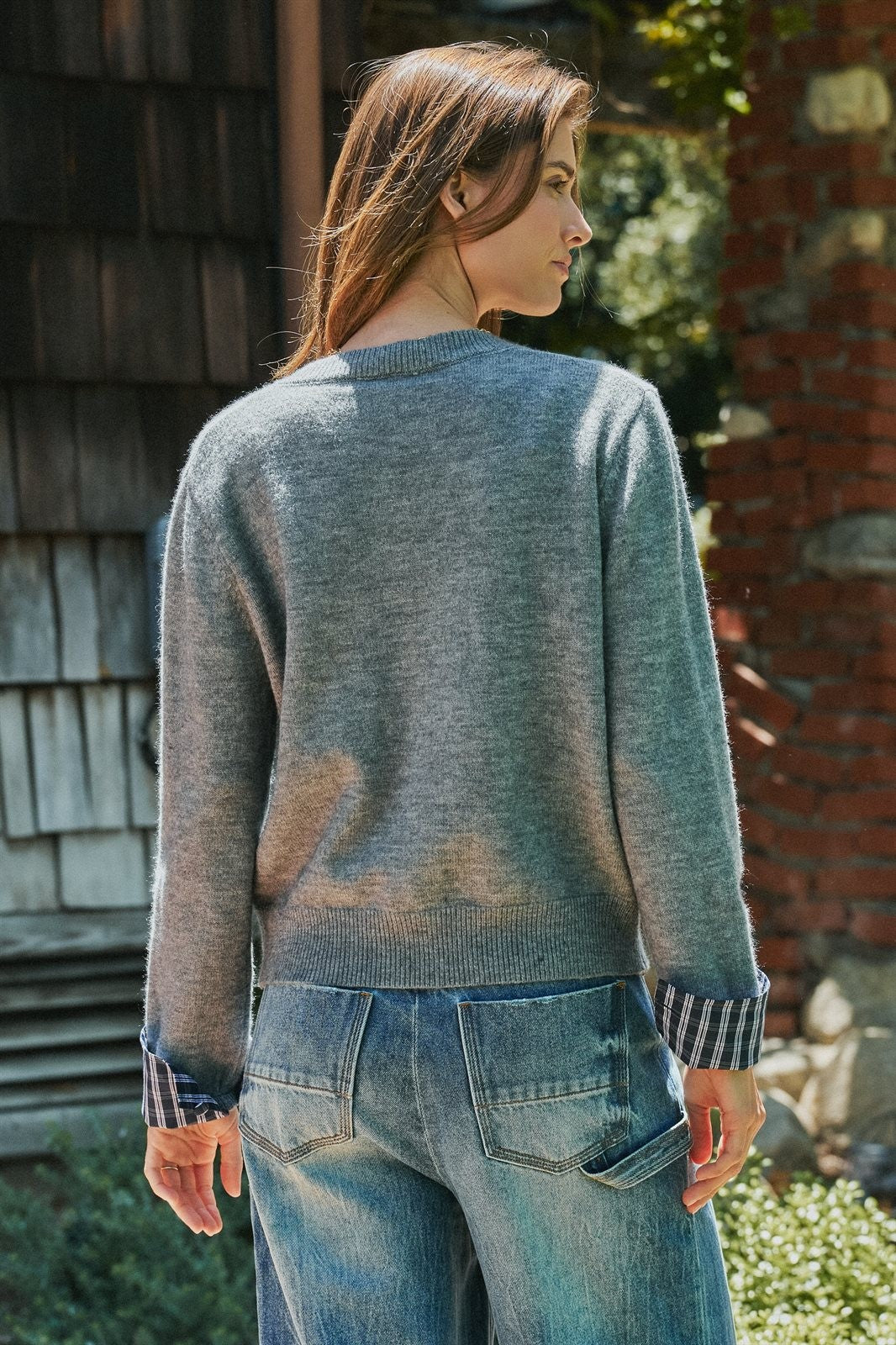 Plaid Trim Layered Button Cardigan Sweater in Grey - Women's Cardigans & Shrugs | Urban Daizy