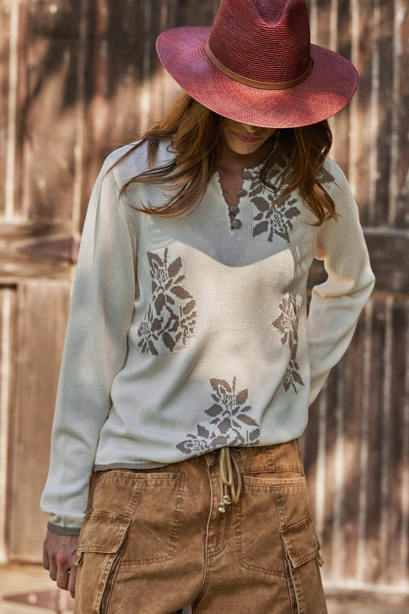 Floral Knit Henley Sweater with Button Placket in Ivory - Women's Sweaters | Urban Daizy