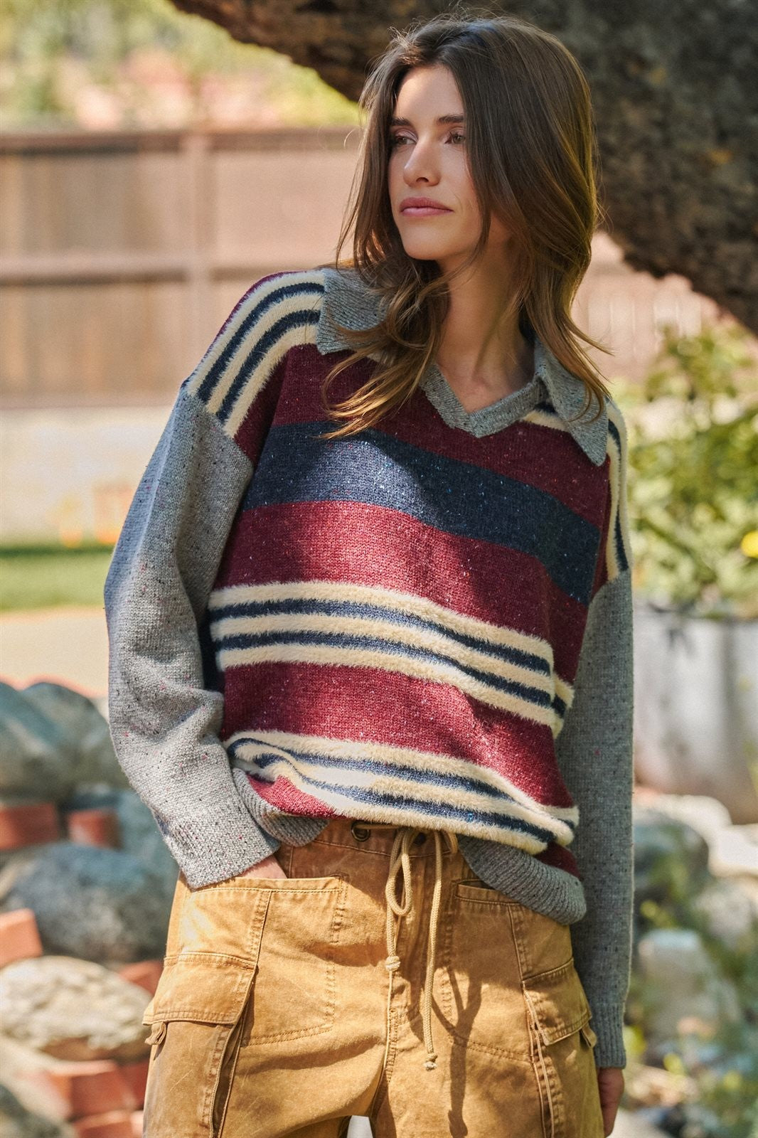 Striped Collared Rugby Sweater Knit Top in Burgundy - Women's Sweaters | Urban Daizy