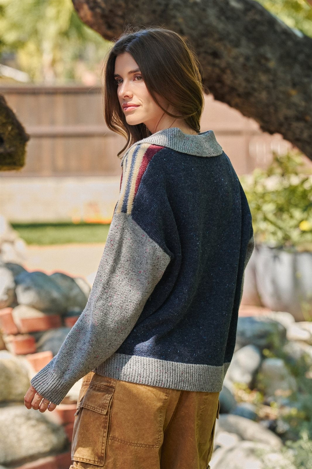 Striped Collared Rugby Sweater Knit Top in Burgundy - Women's Sweaters | Urban Daizy