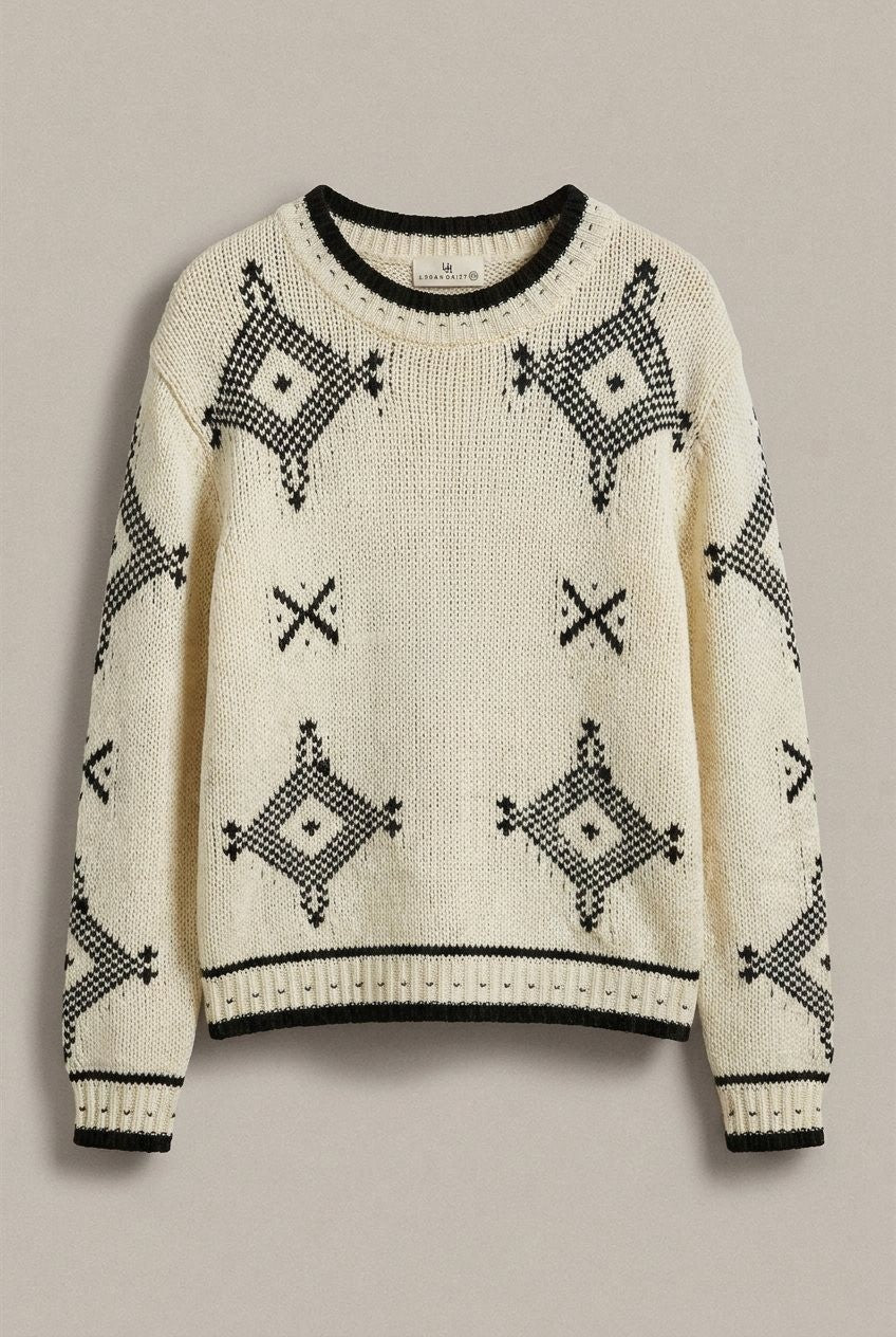 Geometric Folk Knit Crewneck Sweater in Ivory - Women's Sweaters | Urban Daizy