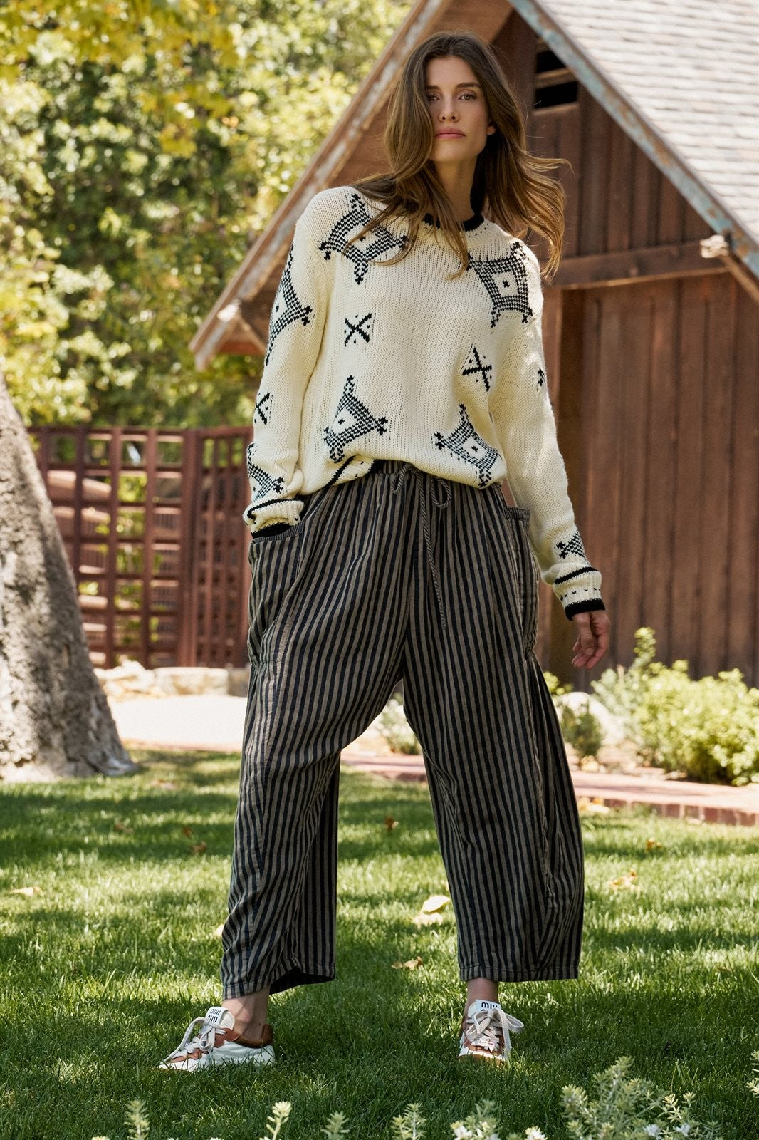Geometric Folk Knit Crewneck Sweater in Ivory - Women's Sweaters | Urban Daizy