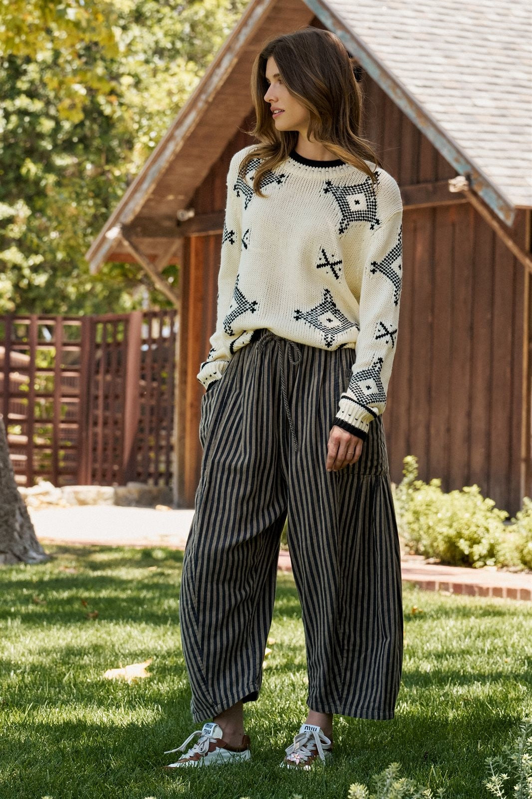 Geometric Folk Knit Crewneck Sweater in Ivory - Women's Sweaters | Urban Daizy