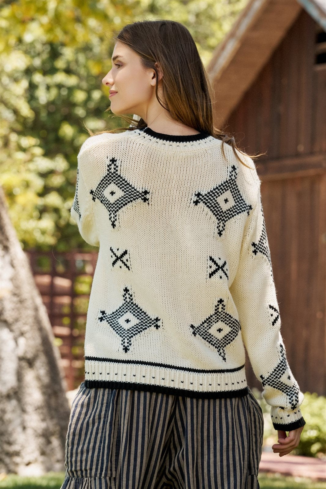 Geometric Folk Knit Crewneck Sweater in Ivory - Women's Sweaters | Urban Daizy