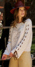 Slogan Embroidered Knit Sweater with Lace-Up Sleeves in Oatmeal - Women's Sweaters | Urban Daizy