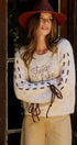 Slogan Embroidered Knit Sweater with Lace-Up Sleeves in Oatmeal - Women's Sweaters | Urban Daizy