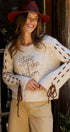 Slogan Embroidered Knit Sweater with Lace-Up Sleeves in Oatmeal - Women's Sweaters | Urban Daizy