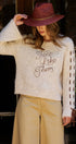 Slogan Embroidered Knit Sweater with Lace-Up Sleeves in Oatmeal - Women's Sweaters | Urban Daizy