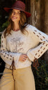 Slogan Embroidered Knit Sweater with Lace-Up Sleeves in Oatmeal - Women's Sweaters | Urban Daizy