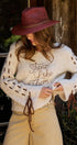 Slogan Embroidered Knit Sweater with Lace-Up Sleeves in Oatmeal - Women's Sweaters | Urban Daizy