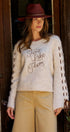 Slogan Embroidered Knit Sweater with Lace-Up Sleeves in Oatmeal - Women's Sweaters | Urban Daizy