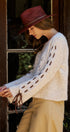 Slogan Embroidered Knit Sweater with Lace-Up Sleeves in Oatmeal - Women's Sweaters | Urban Daizy