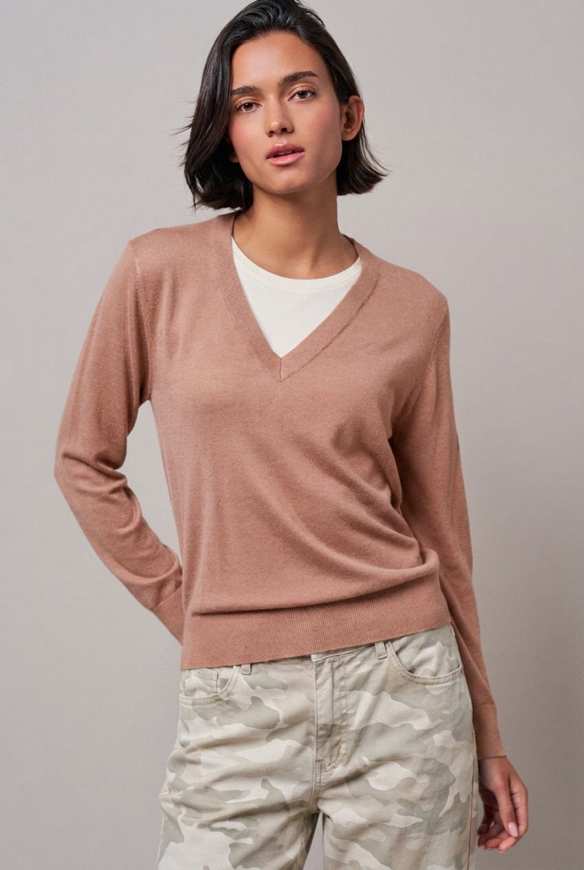 Layered Look V-Neck Twofer Knit Sweater in Dusty Clay - Women's Sweaters | Urban Daizy
