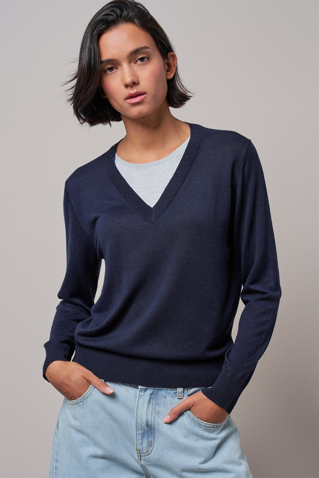 Layered Look V-Neck Twofer Knit Sweater in Navy - Women's Sweaters | Urban Daizy